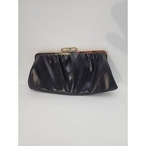 Vintage MCM Black Leather Clutch Evening Cocktails Hinged Hand Bag
